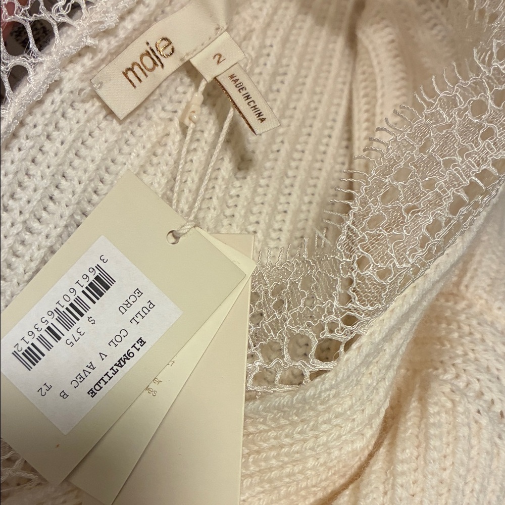NWT Maje Cream V-Neck Sweater with Lace Detail - Picture 5 of 8